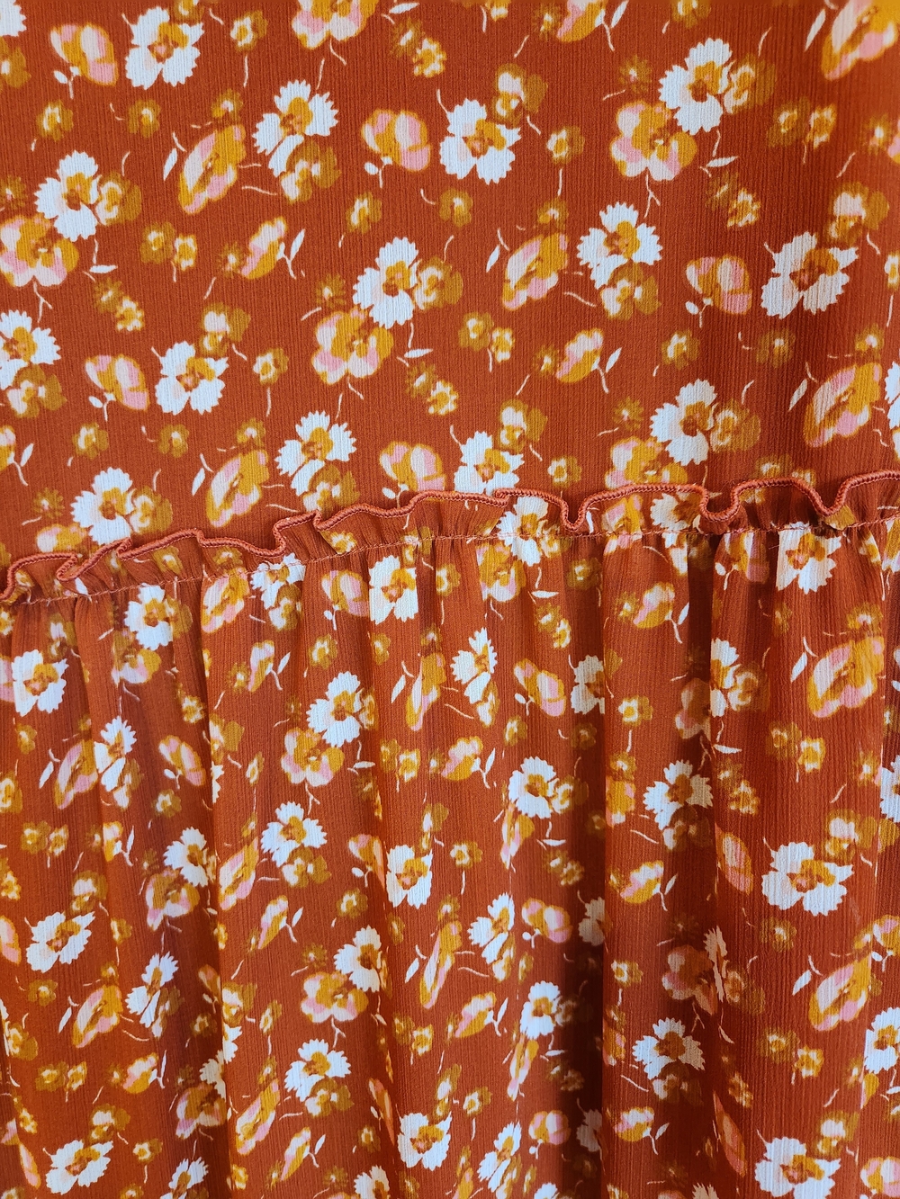 J Crew Factory Crinkle Midi Flounce Dress Rust Floral Size XL Cottagecore Ruffle - Picture 5 of 15